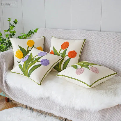 Cream green tulip embroidery cushion cover living room pillow case
