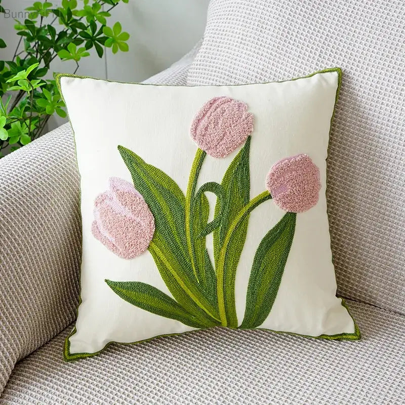 Cream green tulip embroidery cushion cover living room pillow case