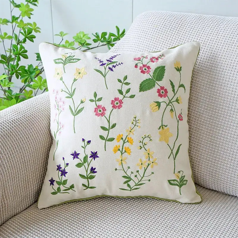 Cream green tulip embroidery cushion cover living room pillow case