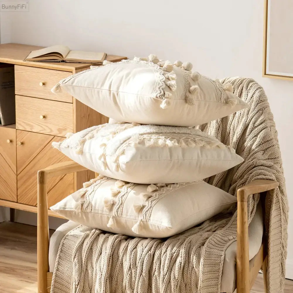 Cream ivory pompom tassel pillow cover living room lace decor