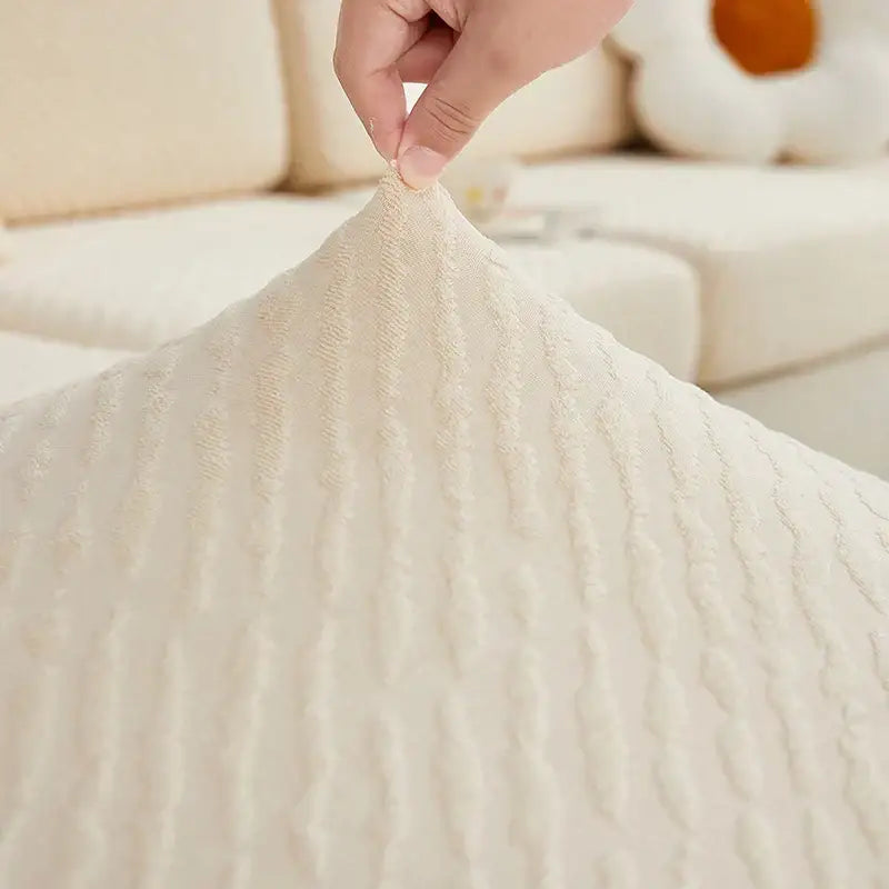 Cream jacquard l sofa seat cover living room stretch slipcover