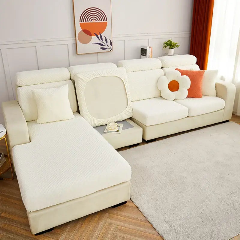 Cream jacquard l sofa seat cover living room stretch slipcover
