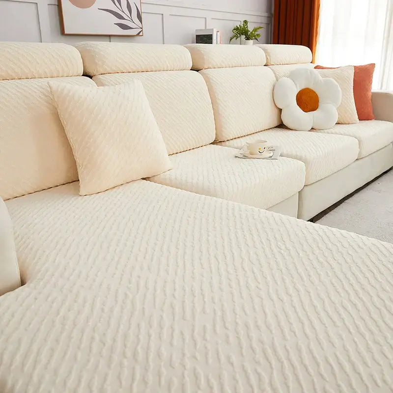 Cream jacquard l sofa seat cover living room stretch slipcover