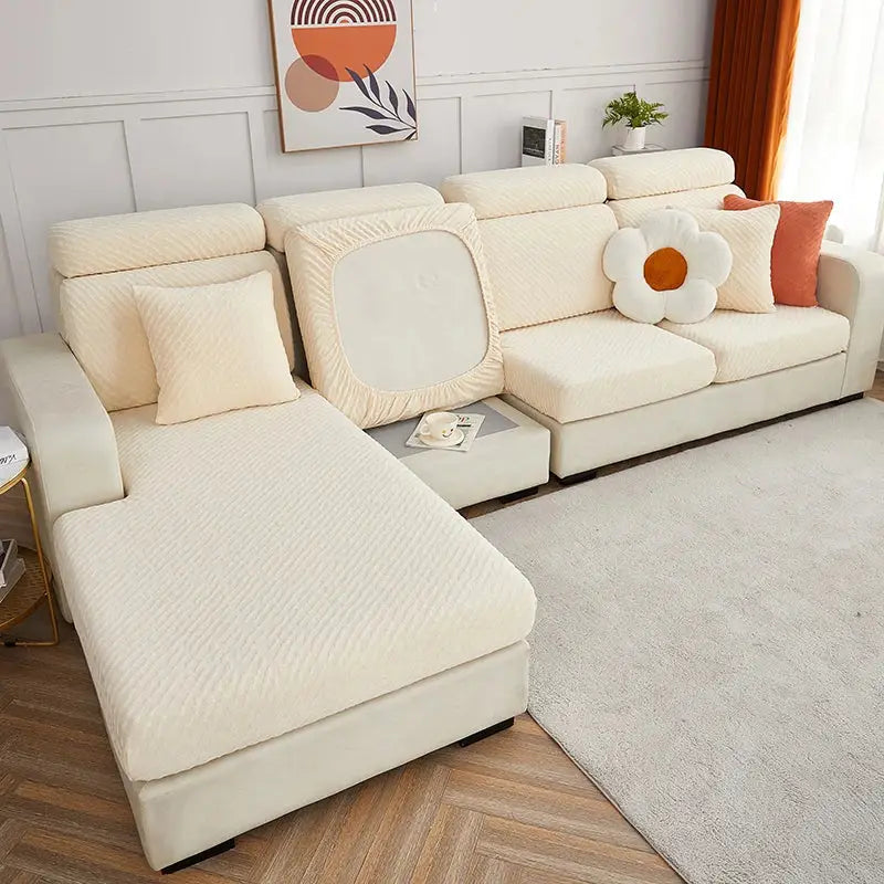Cream jacquard l sofa seat cover living room stretch slipcover