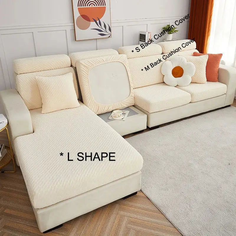 Cream jacquard l sofa seat cover living room stretch slipcover