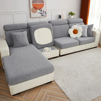 Cream jacquard l sofa seat cover living room stretch slipcover