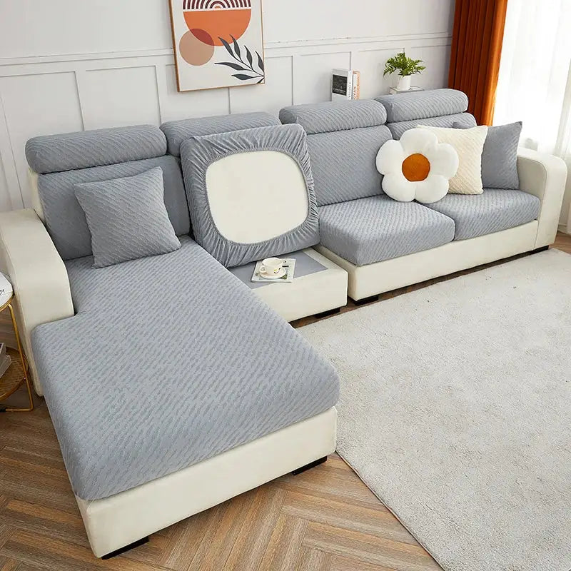 Cream jacquard l sofa seat cover living room stretch slipcover