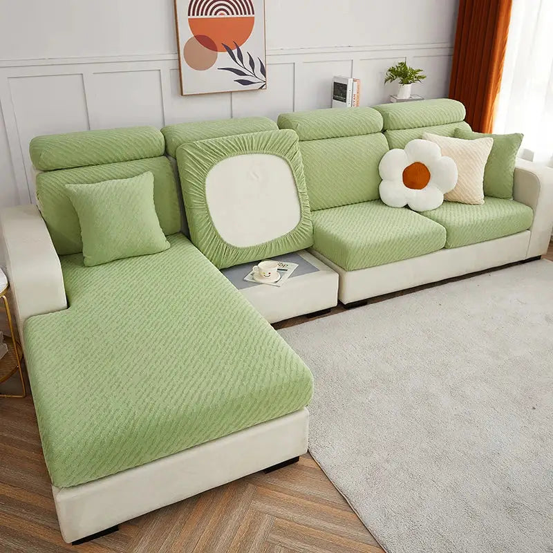 Cream jacquard l sofa seat cover living room stretch slipcover
