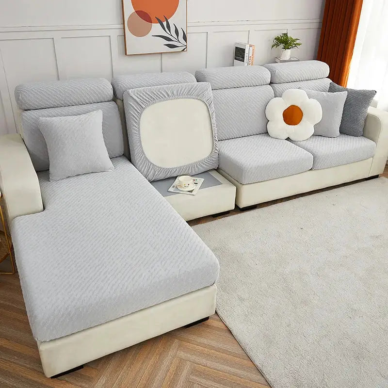 Cream jacquard l sofa seat cover living room stretch slipcover