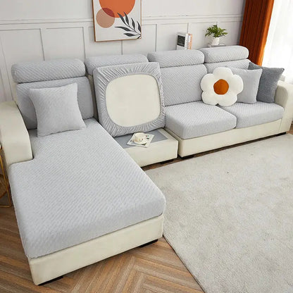 Cream jacquard l sofa seat cover living room stretch slipcover