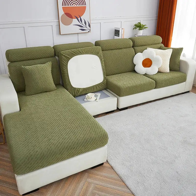 Cream jacquard l sofa seat cover living room stretch slipcover