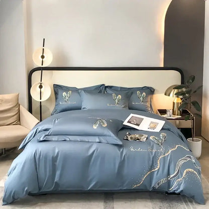 Cream leaf cotton embroidery bed linens set bedroom decor