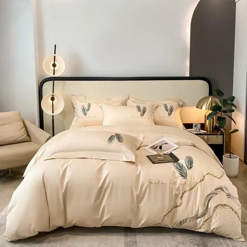 Cream leaf cotton embroidery bed linens set bedroom decor