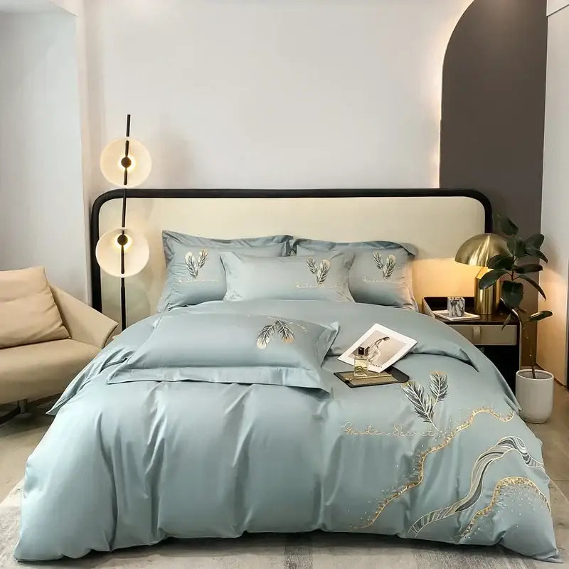 Cream leaf cotton embroidery bed linens set bedroom decor