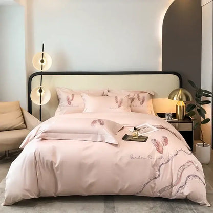 Cream leaf cotton embroidery bed linens set bedroom decor