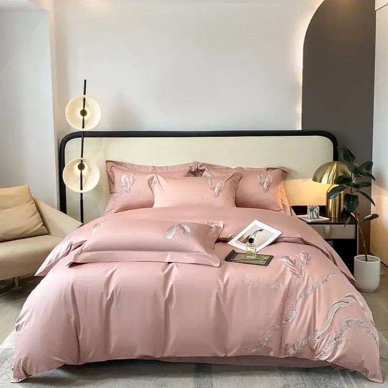 Cream leaf cotton embroidery bed linens set bedroom decor