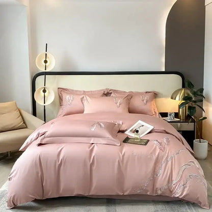Cream leaf cotton embroidery bed linens set bedroom decor