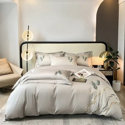 Cream leaf cotton embroidery bed linens set bedroom decor