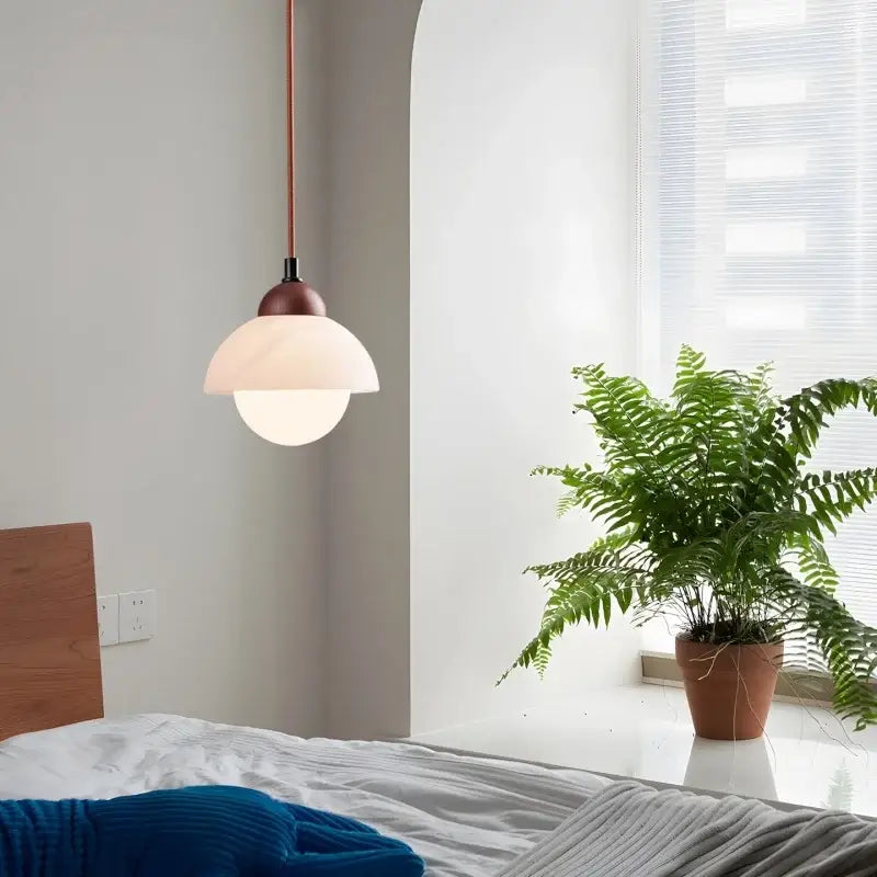 Cream marble led pendant light for bedroom with wood top