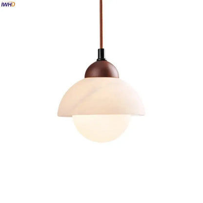 Cream marble led pendant light for bedroom with wood top