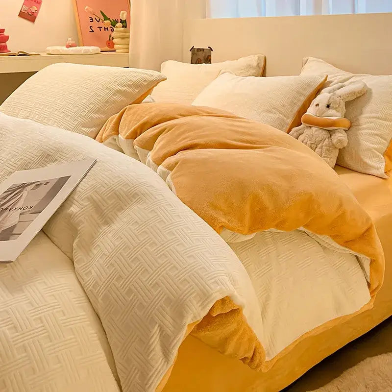 Cream & mustard quilted duvet cover set bedroom cozy bedding