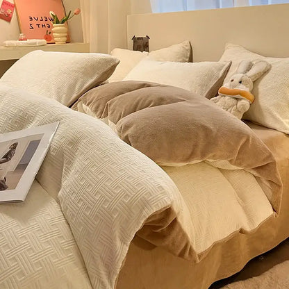 Cream & mustard quilted duvet cover set bedroom cozy bedding