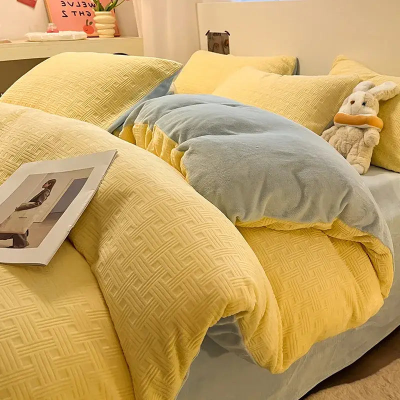 Cream & mustard quilted duvet cover set bedroom cozy bedding