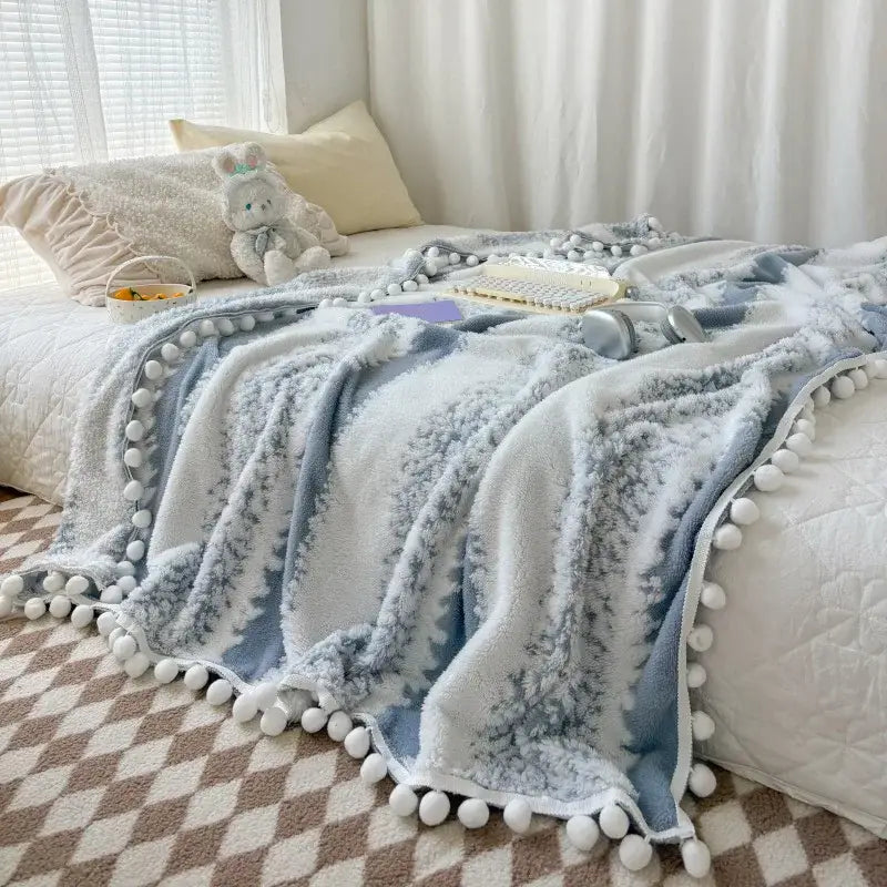 Cream & mustard yellow jacquard fluffy ball lace living room blanket
