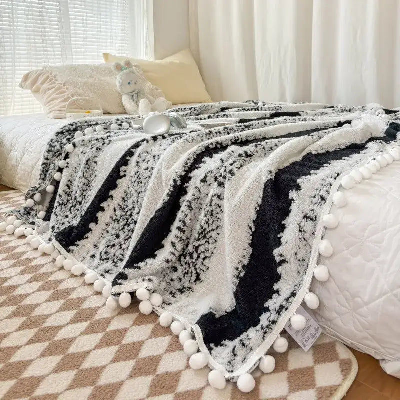 Cream & mustard yellow jacquard fluffy ball lace living room blanket