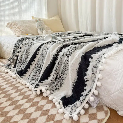 Cream & mustard yellow jacquard fluffy ball lace living room blanket