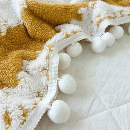 Cream & mustard yellow jacquard fluffy ball lace living room blanket