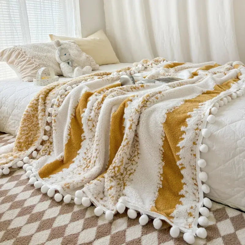 Cream & mustard yellow jacquard fluffy ball lace living room blanket