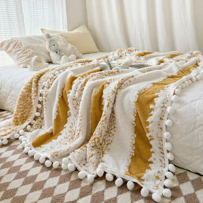Cream & mustard yellow jacquard fluffy ball lace living room blanket