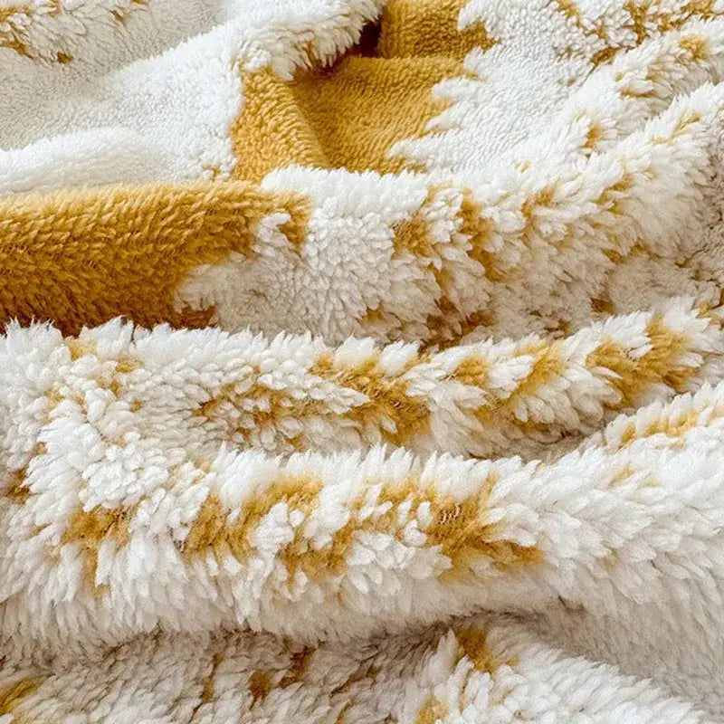 Cream & mustard yellow jacquard fluffy ball lace living room blanket