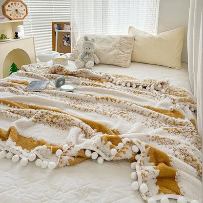 Cream & mustard yellow jacquard fluffy ball lace living room blanket