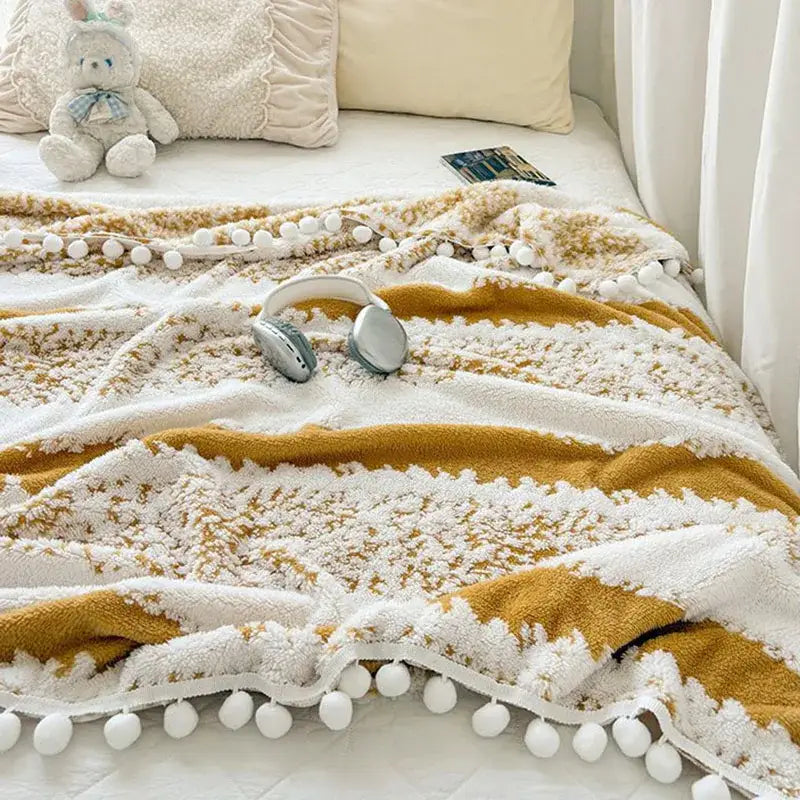 Cream & mustard yellow jacquard fluffy ball lace living room blanket