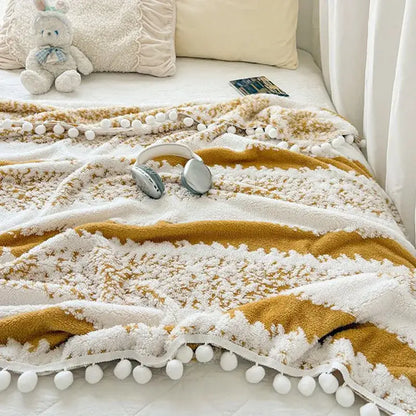 Cream & mustard yellow jacquard fluffy ball lace living room blanket
