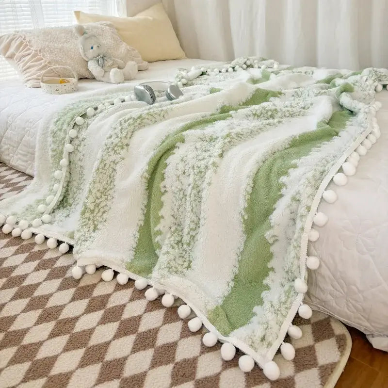 Cream & mustard yellow jacquard fluffy ball lace living room blanket