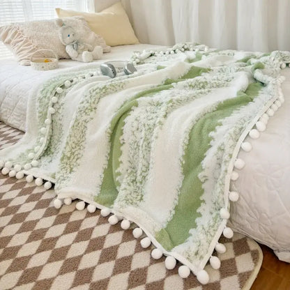 Cream & mustard yellow jacquard fluffy ball lace living room blanket