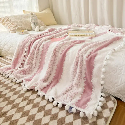 Cream & mustard yellow jacquard fluffy ball lace living room blanket