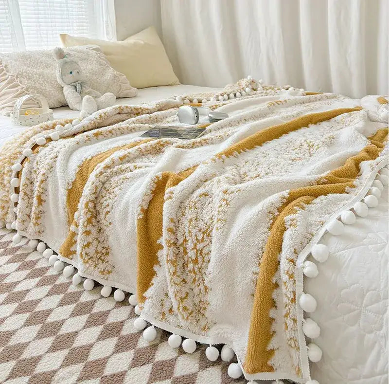 Cream & mustard yellow jacquard fluffy ball lace living room blanket