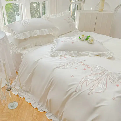 Cream & pink ice silk embroidered ruffles duvet set bedroom bedding