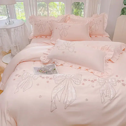 Cream & pink ice silk embroidered ruffles duvet set bedroom bedding