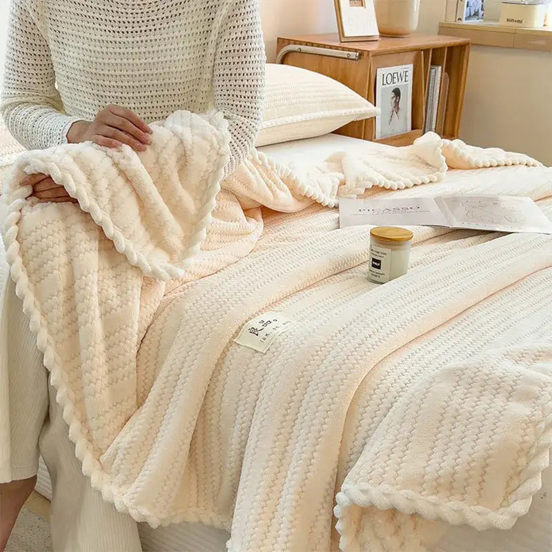 Cream plush double sided jacquard milk velvet blanket bedroom throw