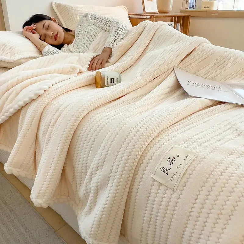 Cream plush double sided jacquard milk velvet blanket bedroom throw