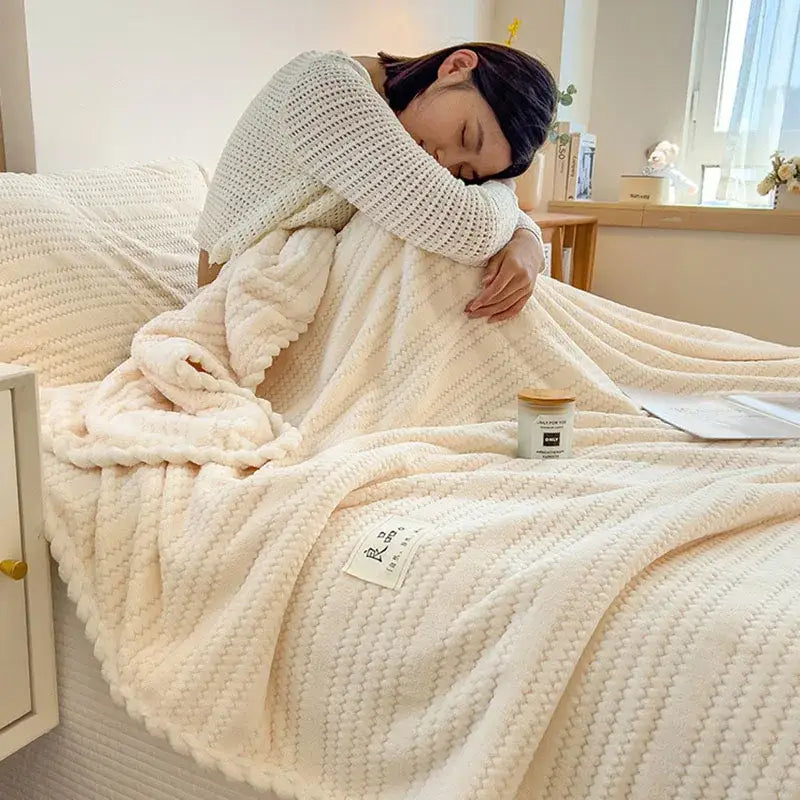 Cream plush double sided jacquard milk velvet blanket bedroom throw