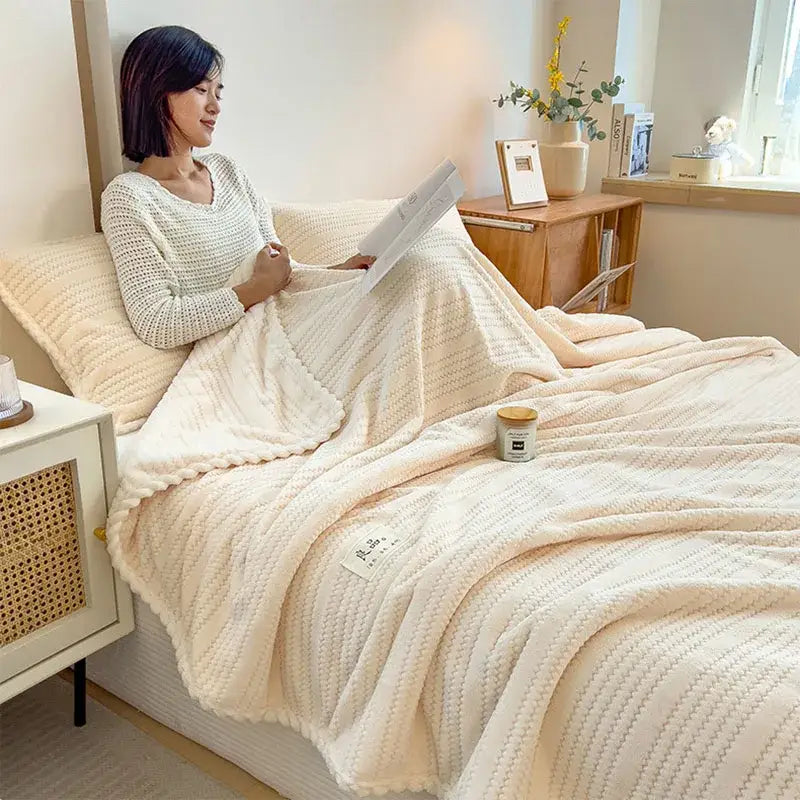Cream plush double sided jacquard milk velvet blanket bedroom throw