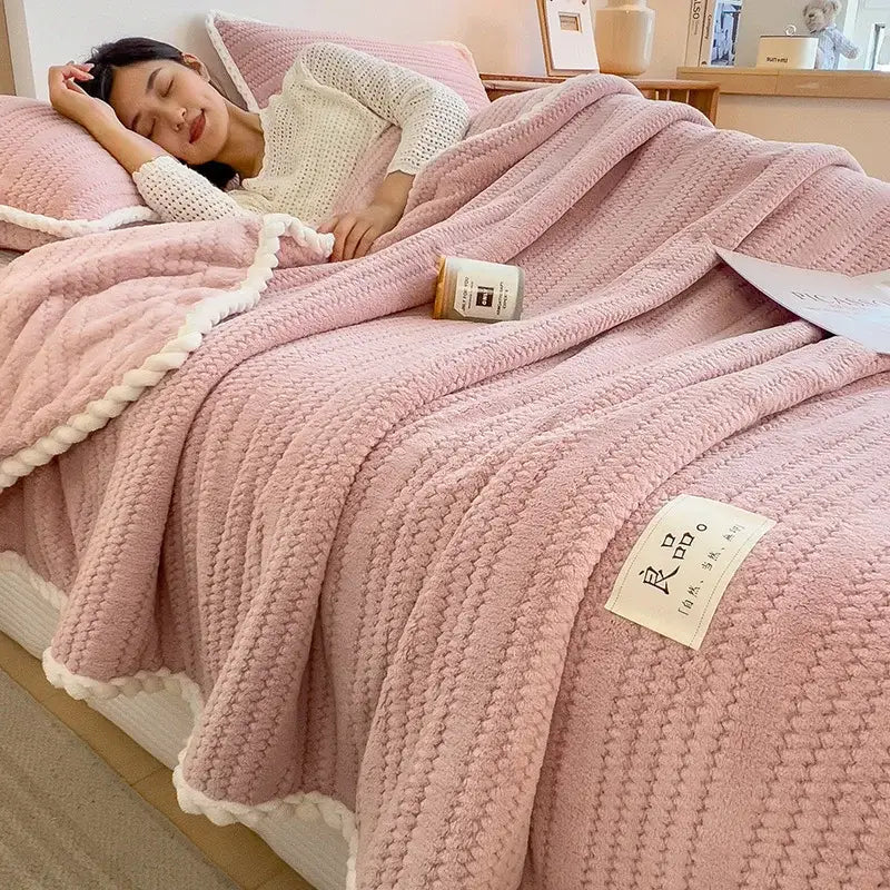 Cream plush double sided jacquard milk velvet blanket bedroom throw
