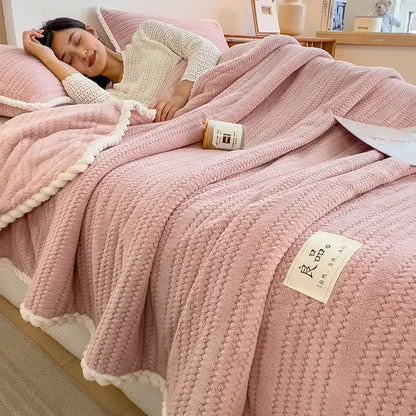 Cream plush double sided jacquard milk velvet blanket bedroom throw