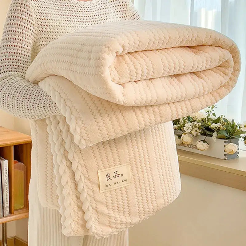 Cream plush double sided jacquard milk velvet blanket bedroom throw
